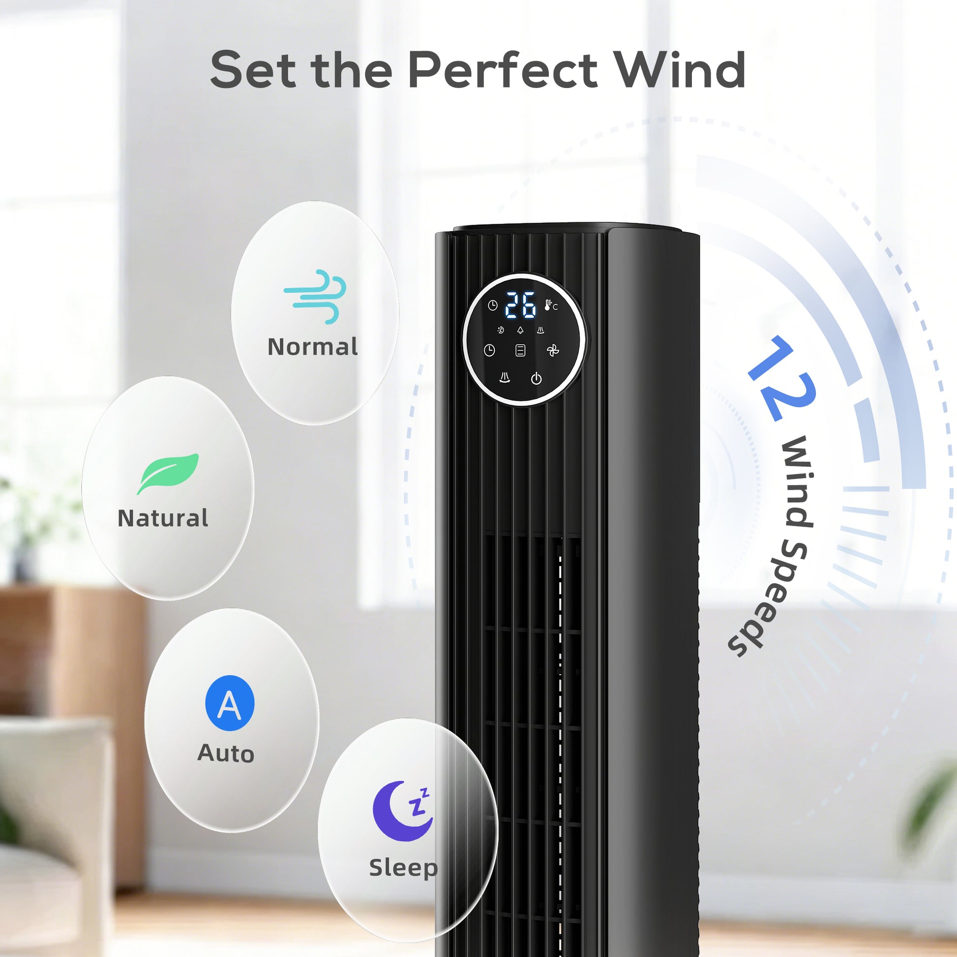 28dB Tower Fan with 12 Speeds and 4 Modes, Standing Floor Fan with 80¬∞ Oscillating, 12H Timer, Black-Fans-DECOROLALA