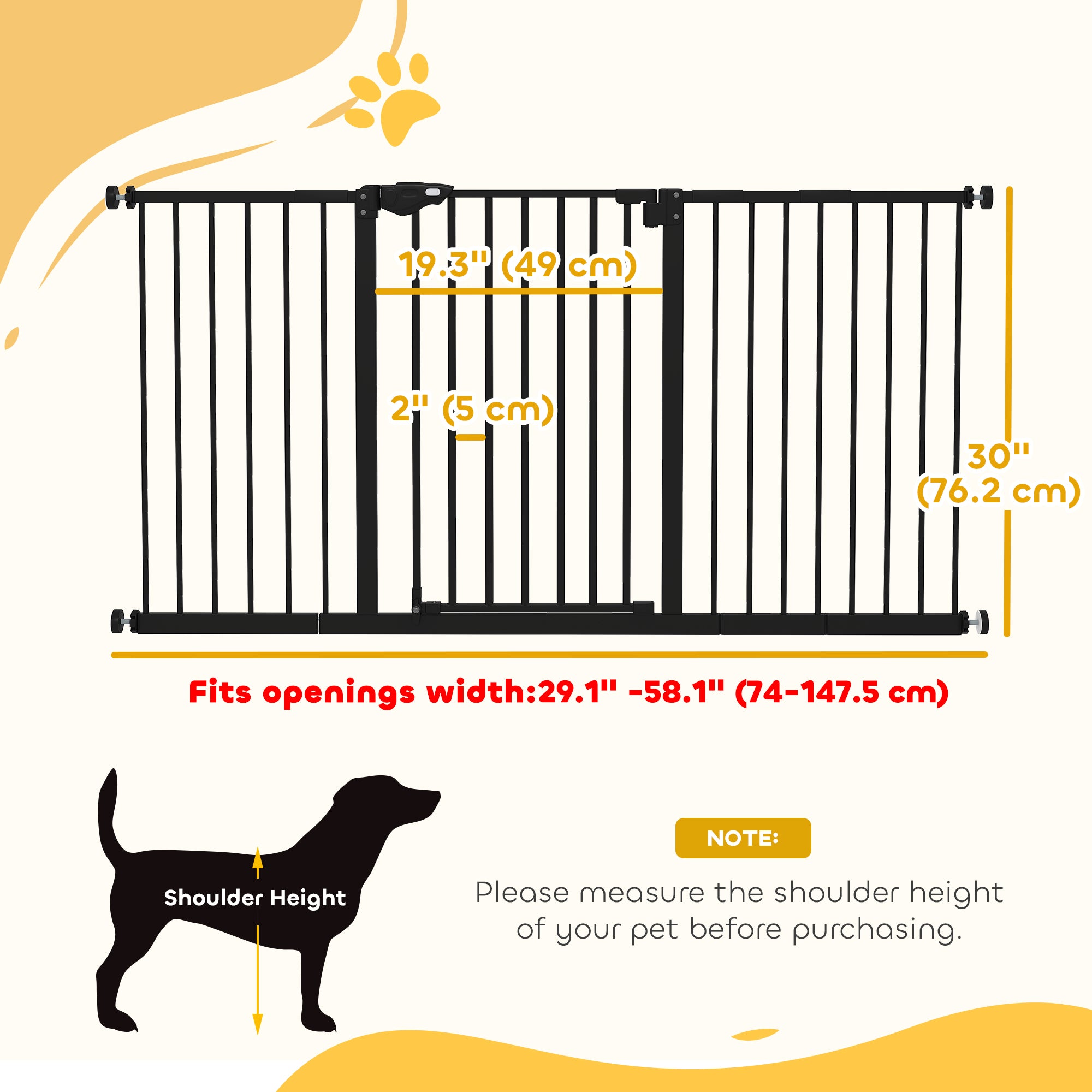 29"-58" Wide Pet Gate with Door Dog Gate and Barrier Indoor for Stairs Includes 7", 8", 12" Extensions Kit, 30 Inch Tall Pressure-Mounted Safety Gate, Black-Dogs-DECOROLALA