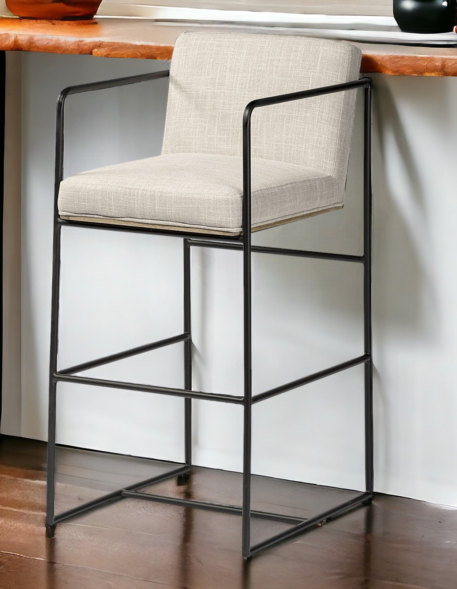 29" Beige and Black Fabric and Metal Counter Height Bar Chair-Bar Chairs-DECOROLALA