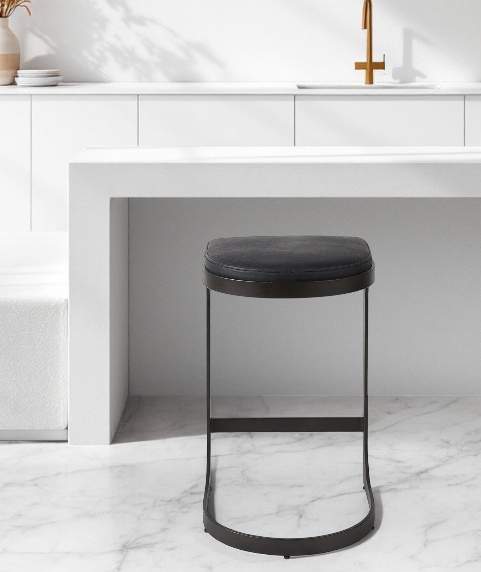 29" Black Faux Leather and Metal Backless Bar Chair-Bar Chairs-DECOROLALA