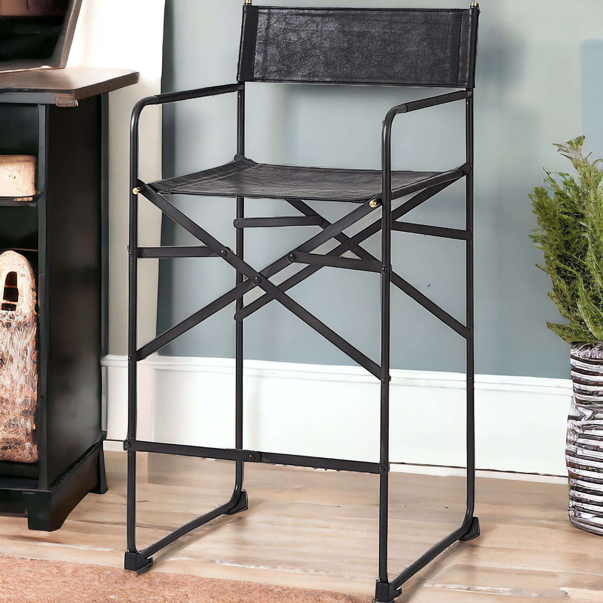 29" Black Leather And Iron Bar Chair-Bar Chairs-DECOROLALA