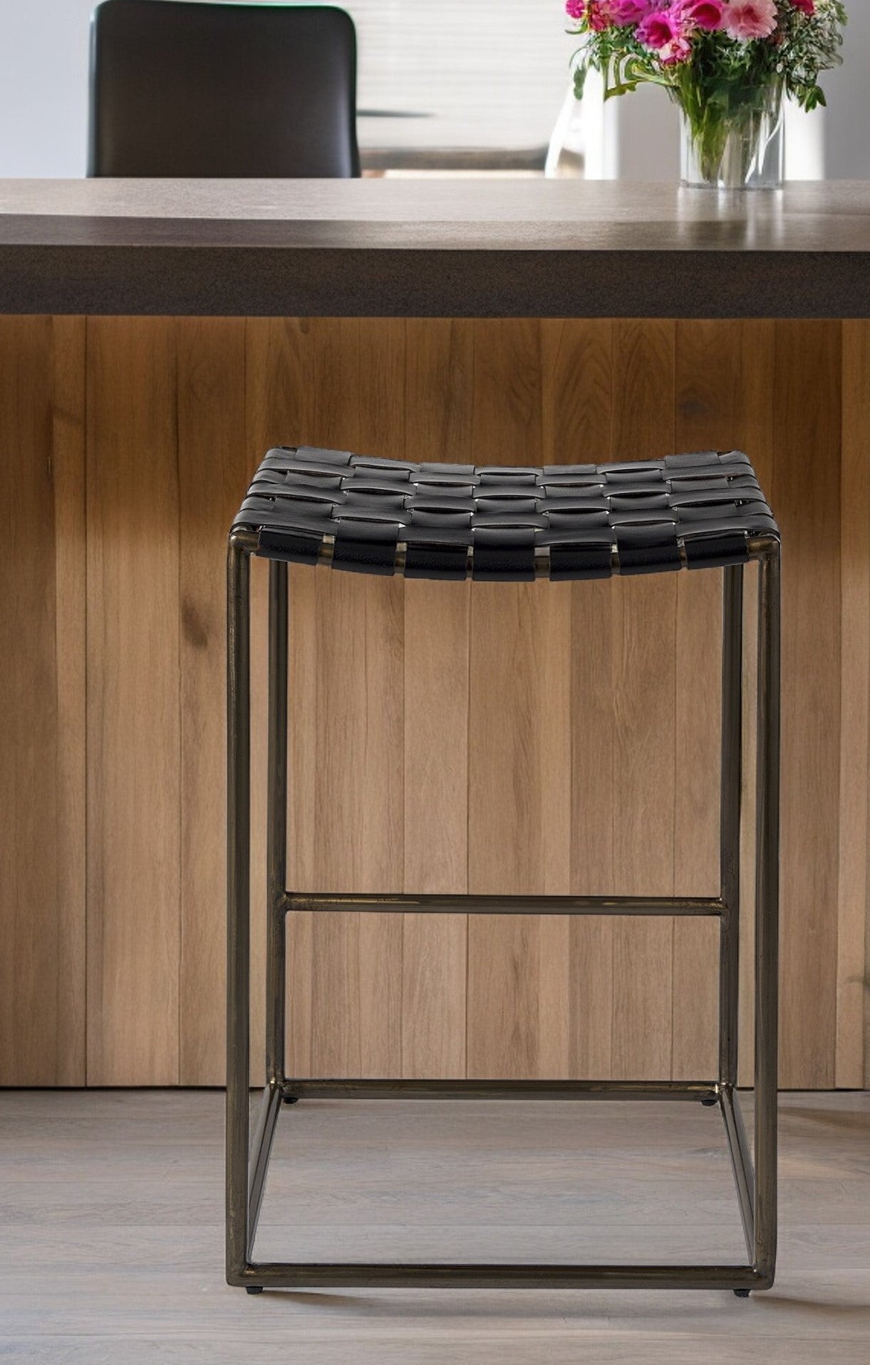 29" Bronze Leather and Metal Backless Bar Chair-Bar Chairs-DECOROLALA