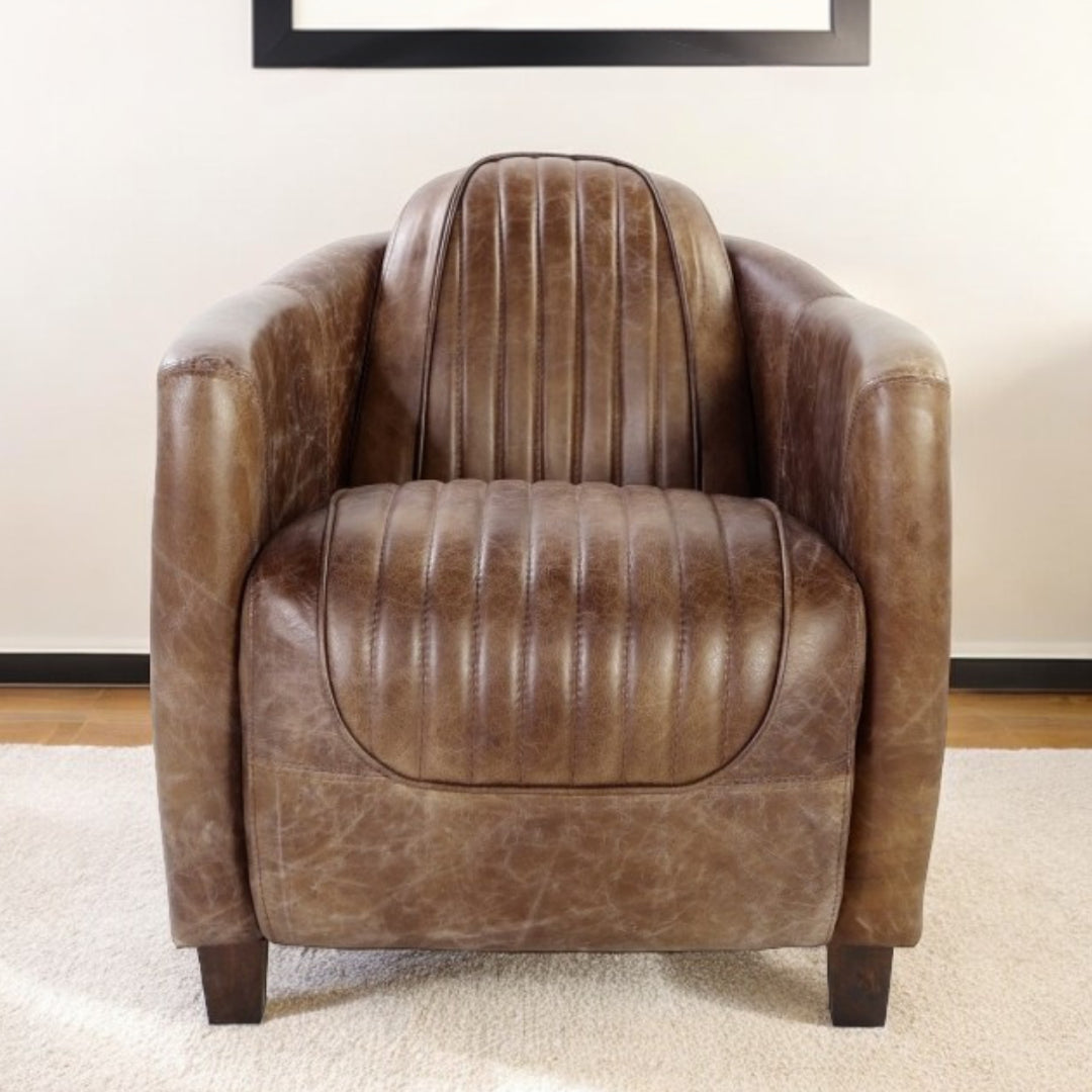 29" Brown Faux Leather Distressed Barrel Chair-Accent Chairs-DECOROLALA