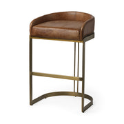 29" Brown Leather And Antiqued Brass Metal Low Back Bar Height Bar Chair-Bar Chairs-DECOROLALA