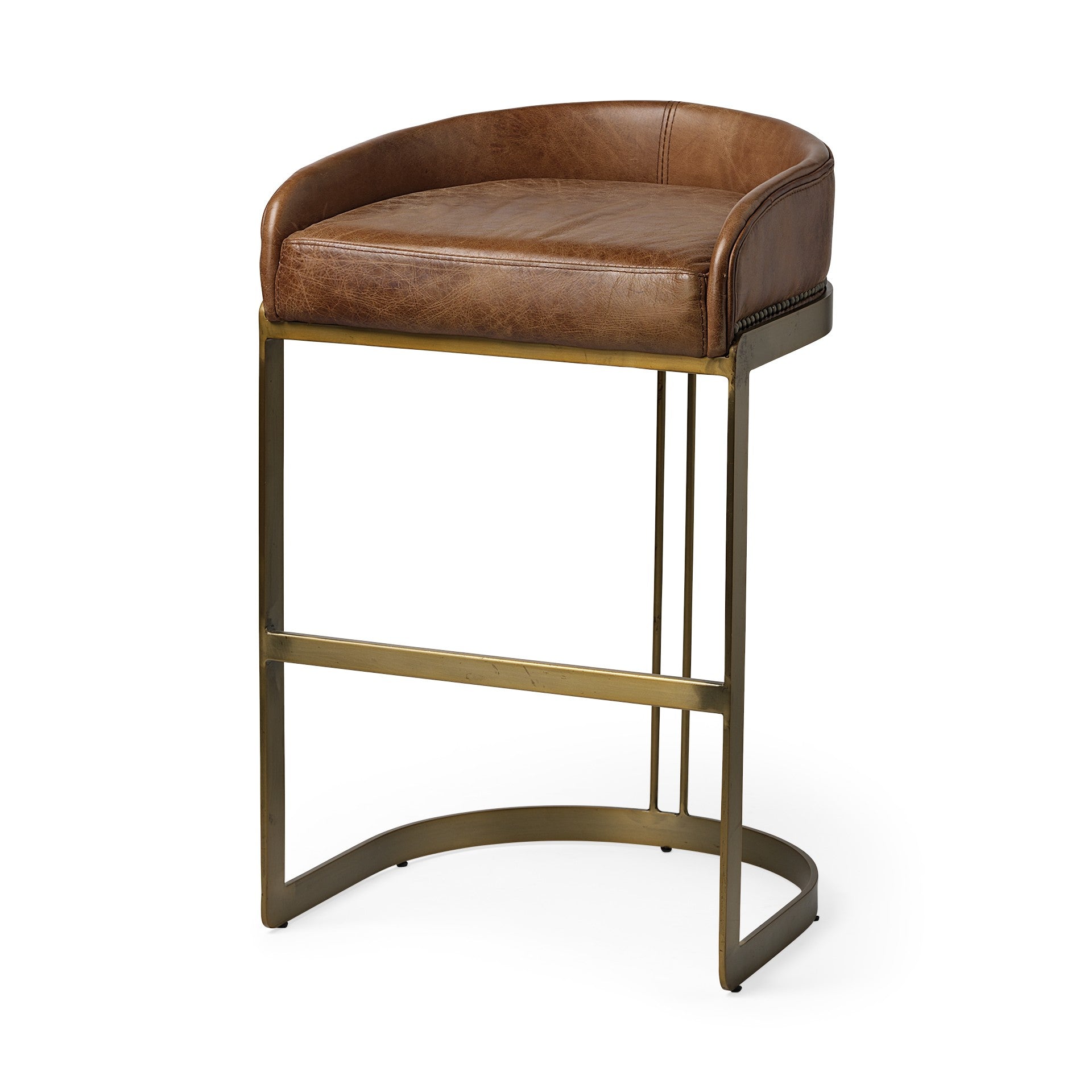 29" Brown Leather And Antiqued Brass Metal Low Back Bar Height Bar Chair-Bar Chairs-DECOROLALA