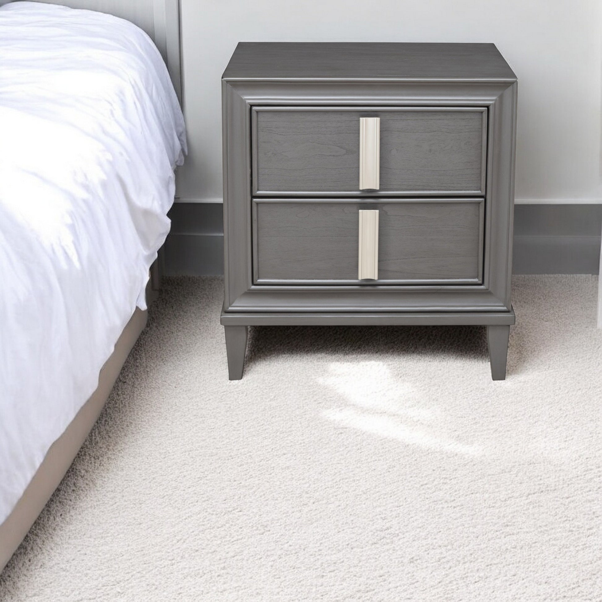 29" Dark Gray Solid Wood and Wood Two Drawer Nightstand-Nightstands & Bedside Tables-DECOROLALA