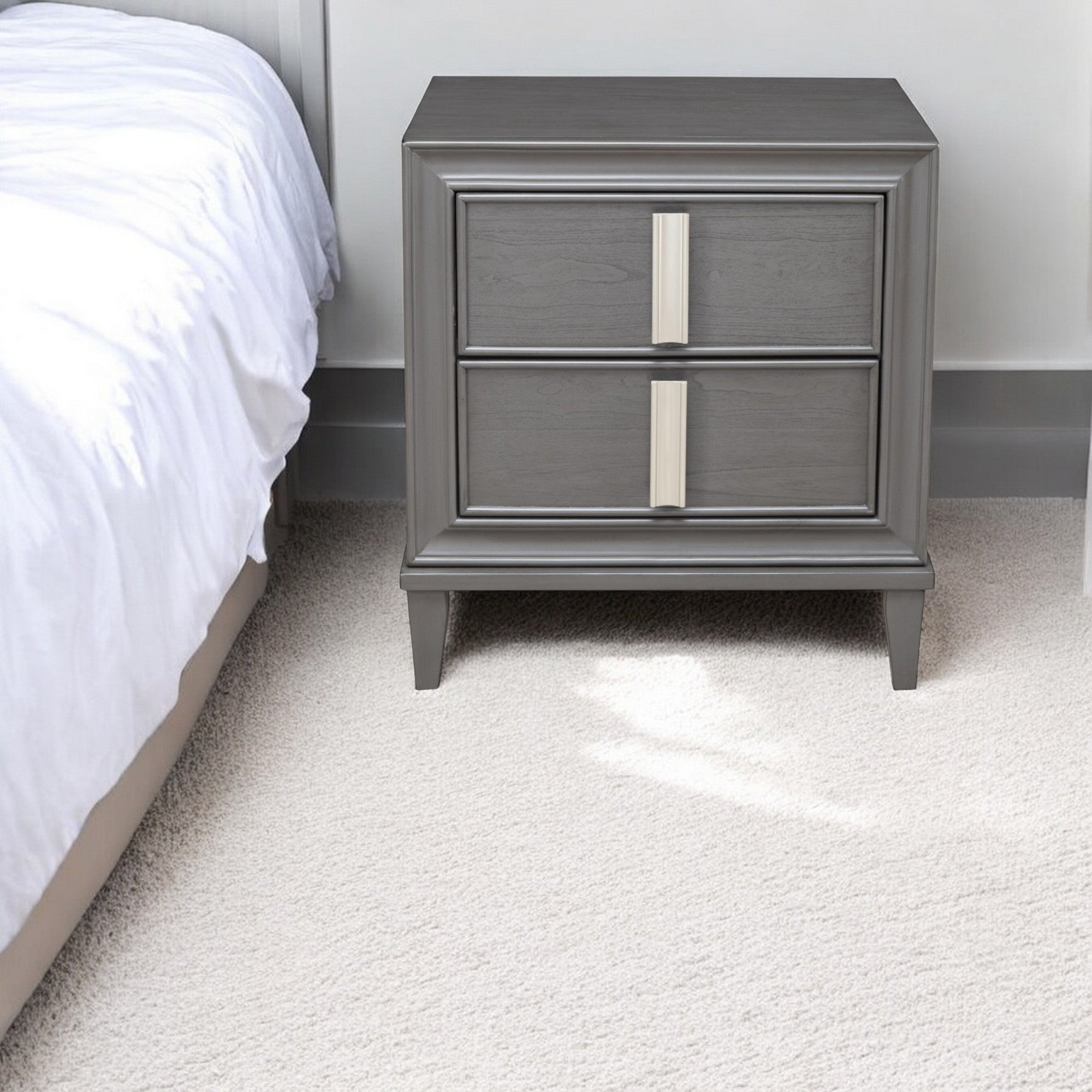 29" Dark Gray Solid Wood and Wood Two Drawer Nightstand-Nightstands & Bedside Tables-DECOROLALA