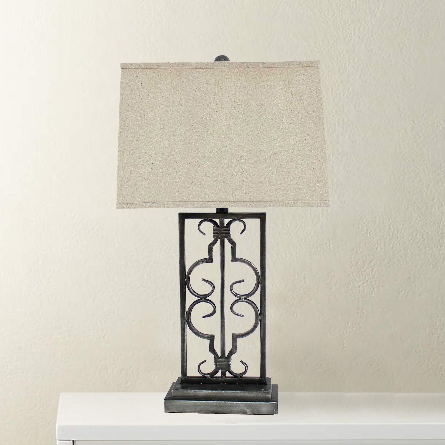 29" Distressed Gray Metal Bedside Lamp With Beige Shade-Table Lamps-DECOROLALA