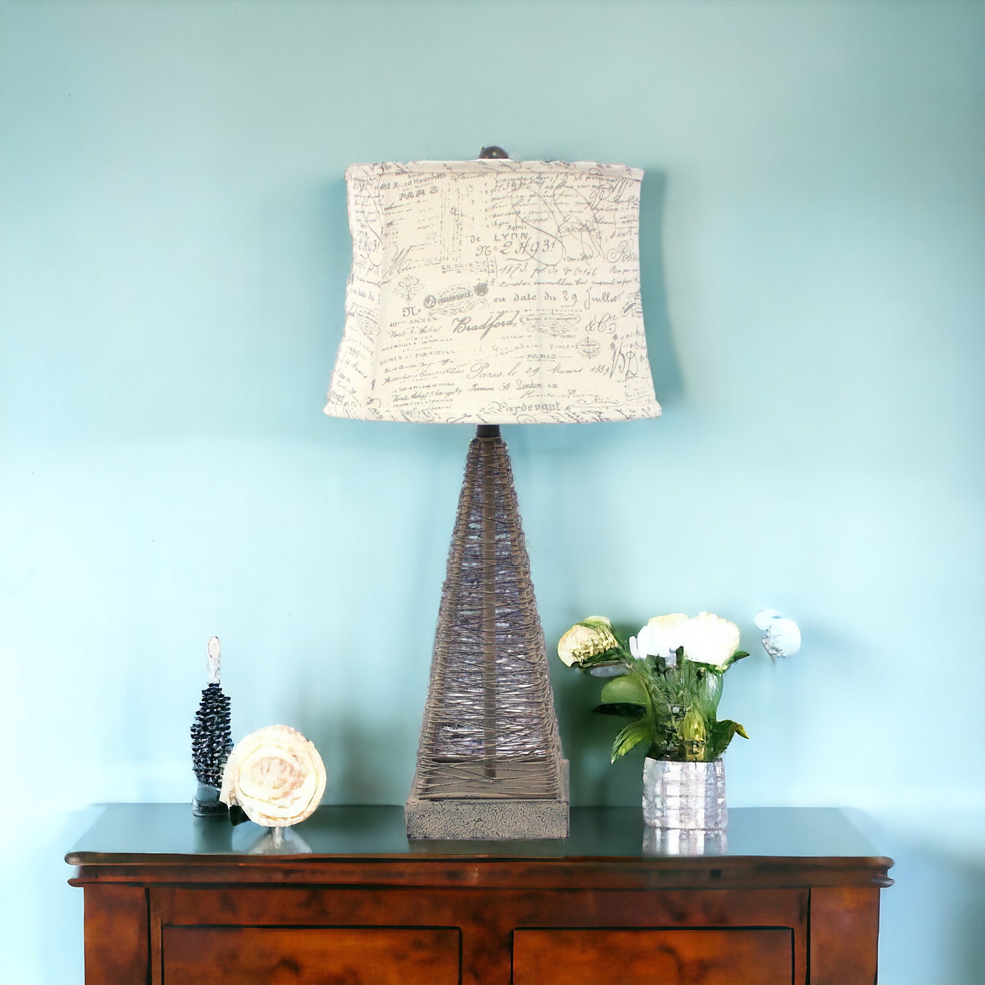 29" Gray Metal Geometric Bedside With White Text Drum Shade-Table Lamps-DECOROLALA