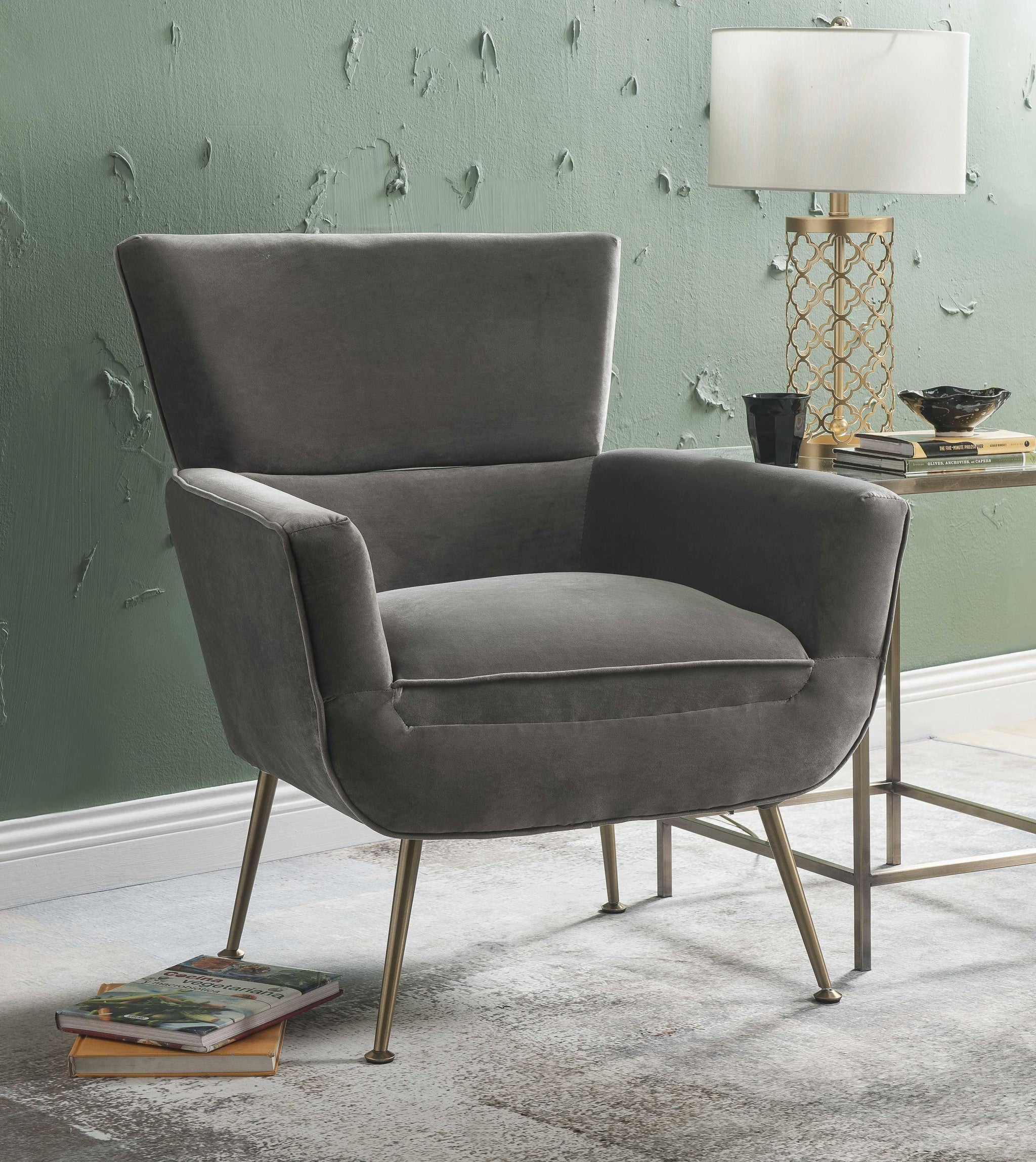 29" Gray Velvet Arm Chair-Accent Chairs-DECOROLALA