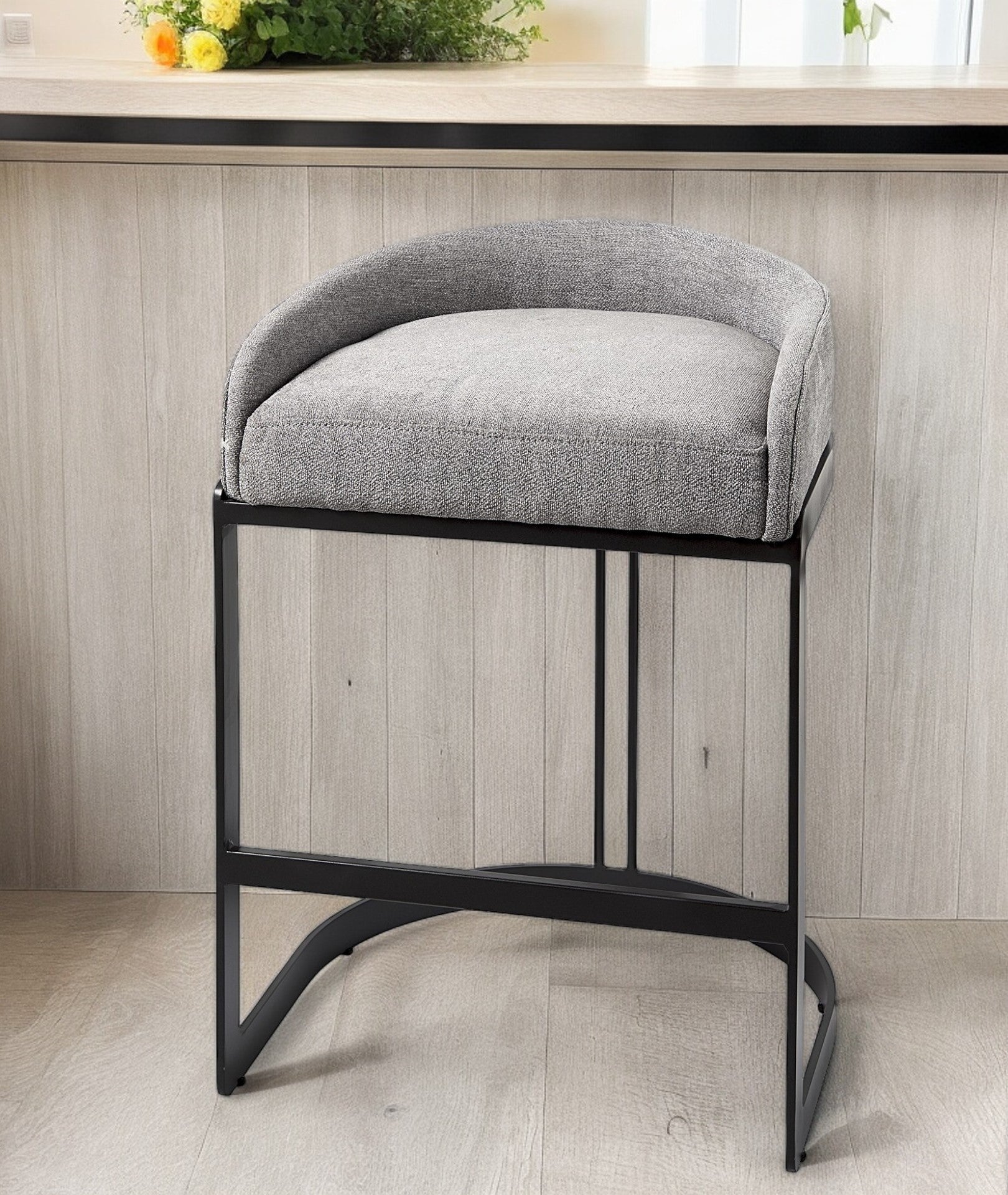 29" Gray and Black Fabric and Metal Low Back Bar Chair-Bar Chairs-DECOROLALA