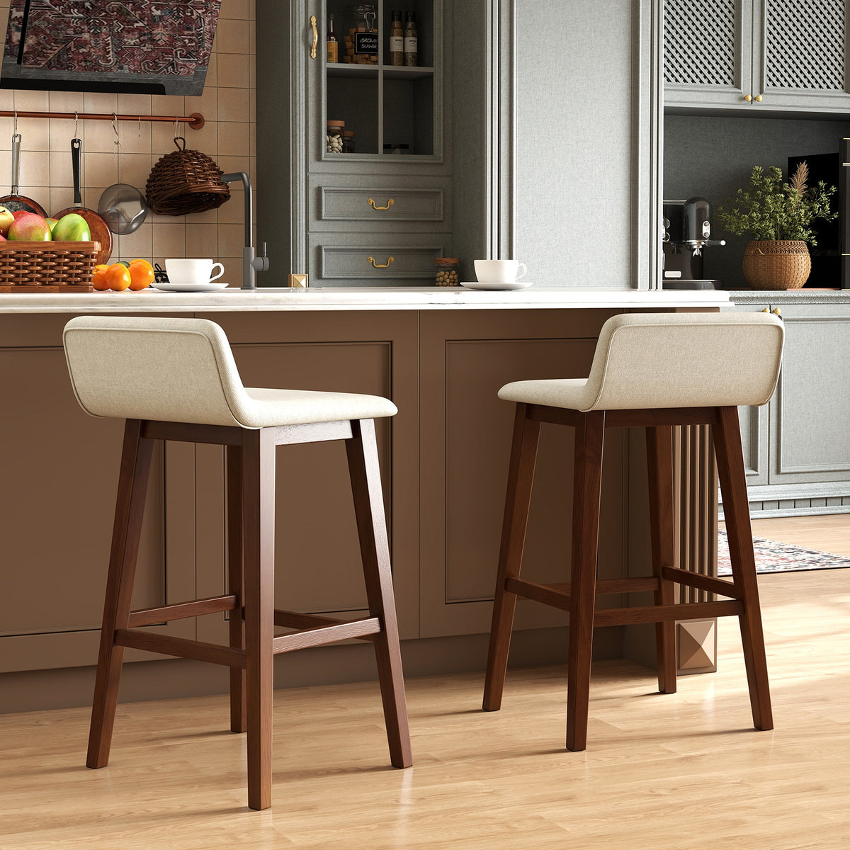 29 Inch Low-Back High-Top Chairs with Padded Seat and Rubber Wood Legs-Brown-Bar Stools-DECOROLALA