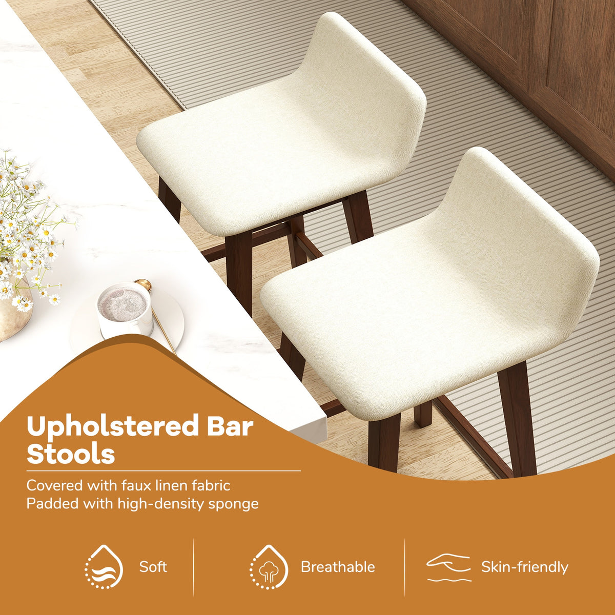 29 Inch Low-Back High-Top Chairs with Padded Seat and Rubber Wood Legs-Brown-Bar Stools-DECOROLALA