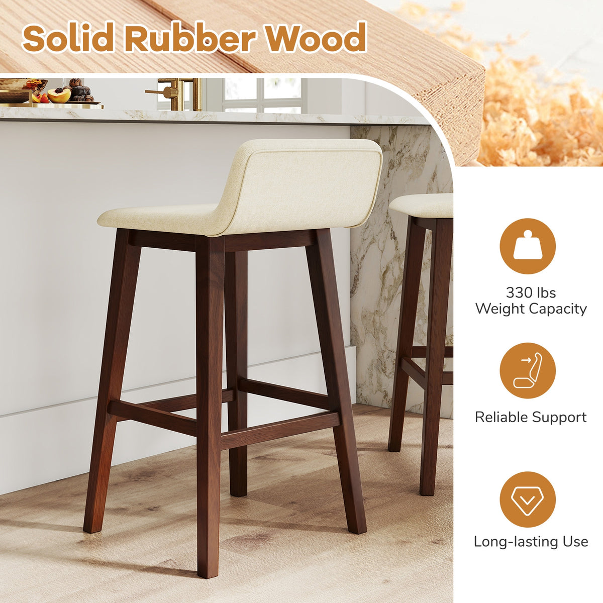 29 Inch Low-Back High-Top Chairs with Padded Seat and Rubber Wood Legs-Brown-Bar Stools-DECOROLALA