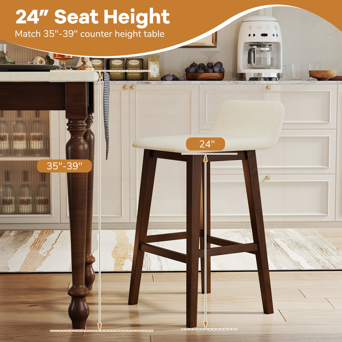 29 Inch Low-Back High-Top Chairs with Padded Seat and Rubber Wood Legs-Brown-Bar Stools-DECOROLALA