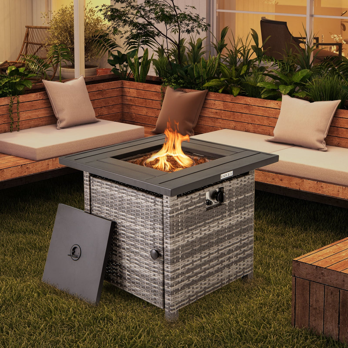 29 Inch Propane Rattan Firepit Table with Lava Rocks and Protective Cover-Gray-Fire Pit Tables-DECOROLALA