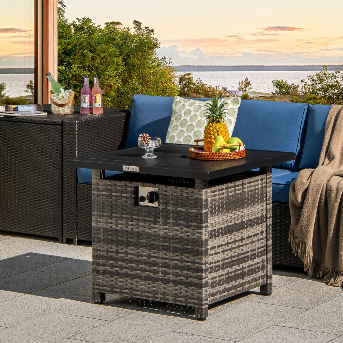 29 Inch Propane Rattan Firepit Table with Lava Rocks and Protective Cover-Gray-Fire Pit Tables-DECOROLALA
