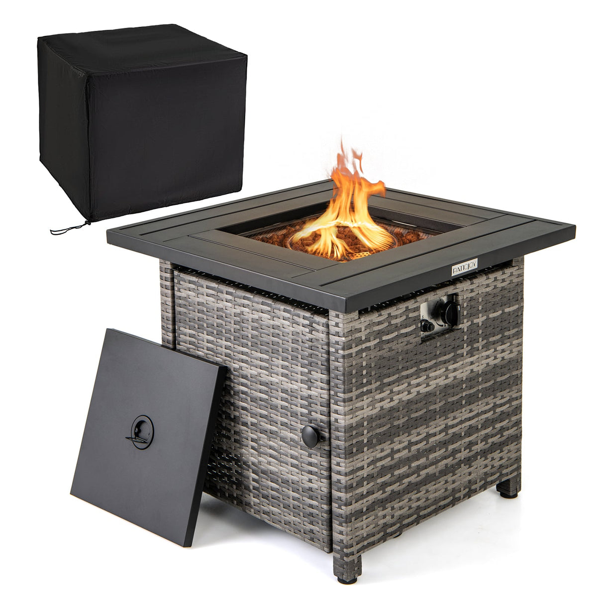 29 Inch Propane Rattan Firepit Table with Lava Rocks and Protective Cover-Gray-Fire Pit Tables-DECOROLALA