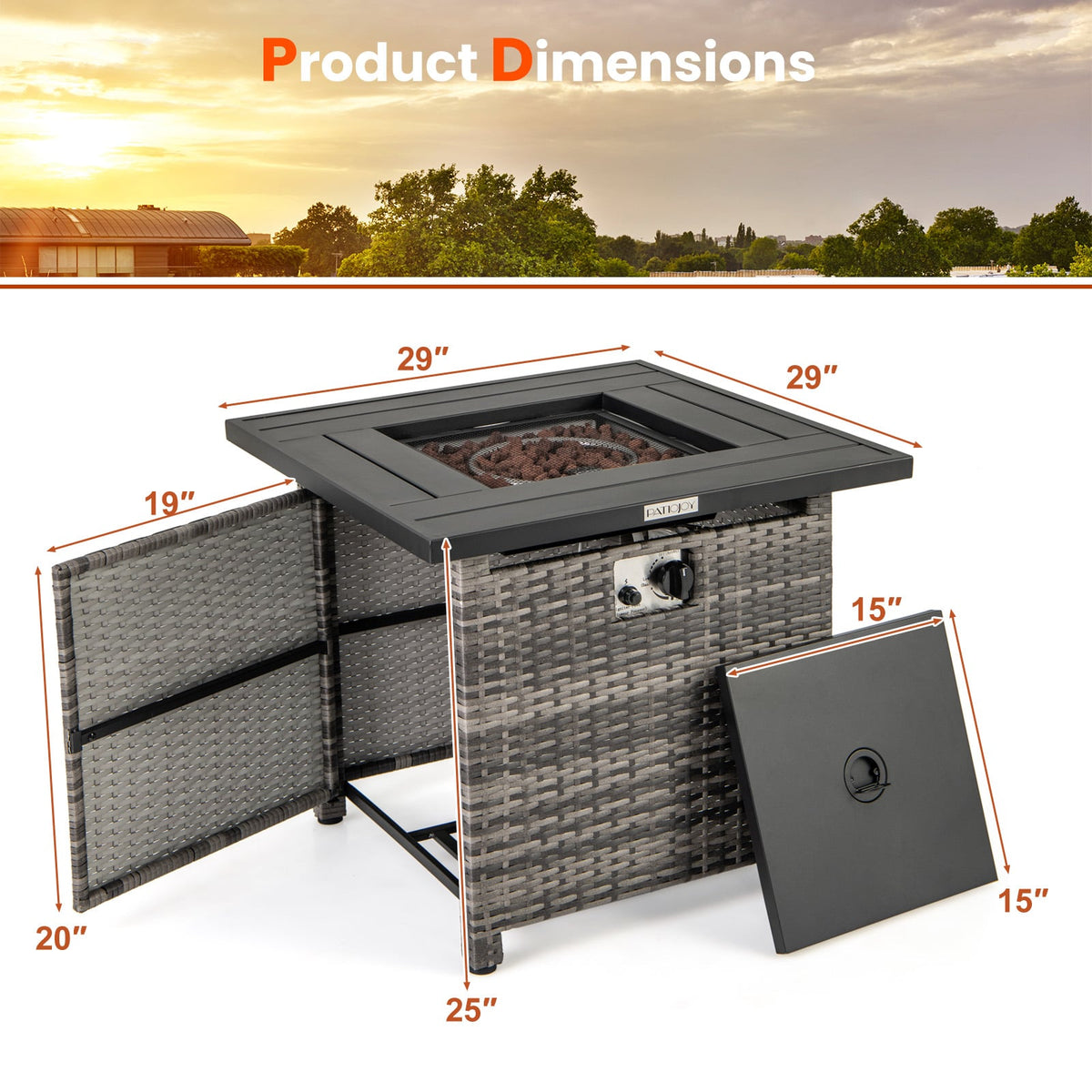 29 Inch Propane Rattan Firepit Table with Lava Rocks and Protective Cover-Gray-Fire Pit Tables-DECOROLALA