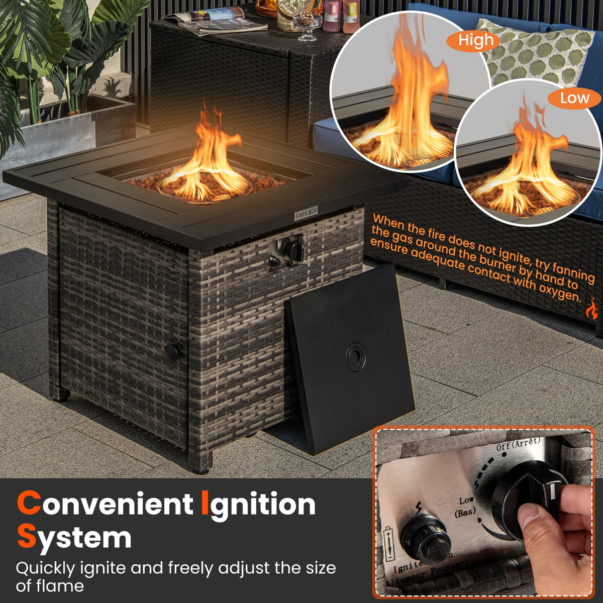 29 Inch Propane Rattan Firepit Table with Lava Rocks and Protective Cover-Gray-Fire Pit Tables-DECOROLALA
