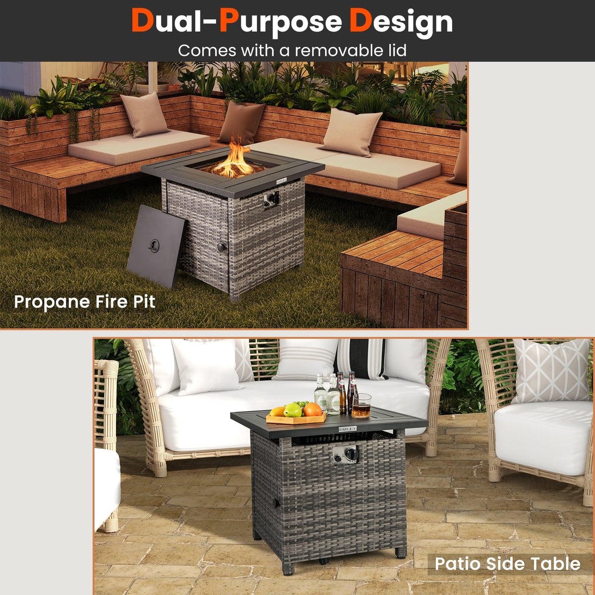29 Inch Propane Rattan Firepit Table with Lava Rocks and Protective Cover-Gray-Fire Pit Tables-DECOROLALA