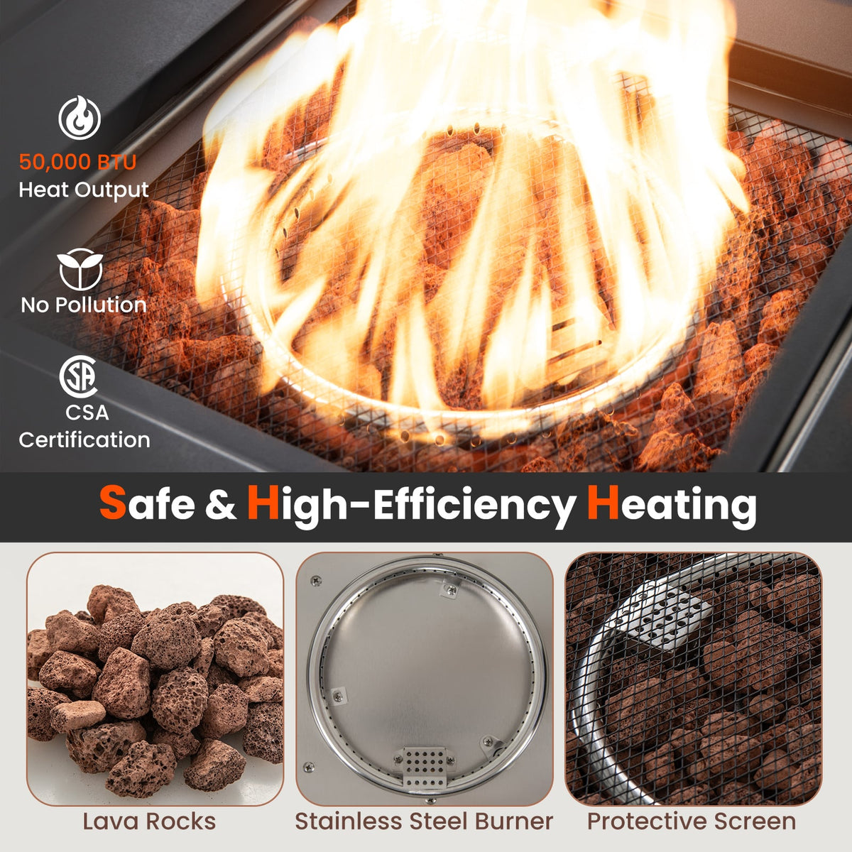 29 Inch Propane Rattan Firepit Table with Lava Rocks and Protective Cover-Gray-Fire Pit Tables-DECOROLALA