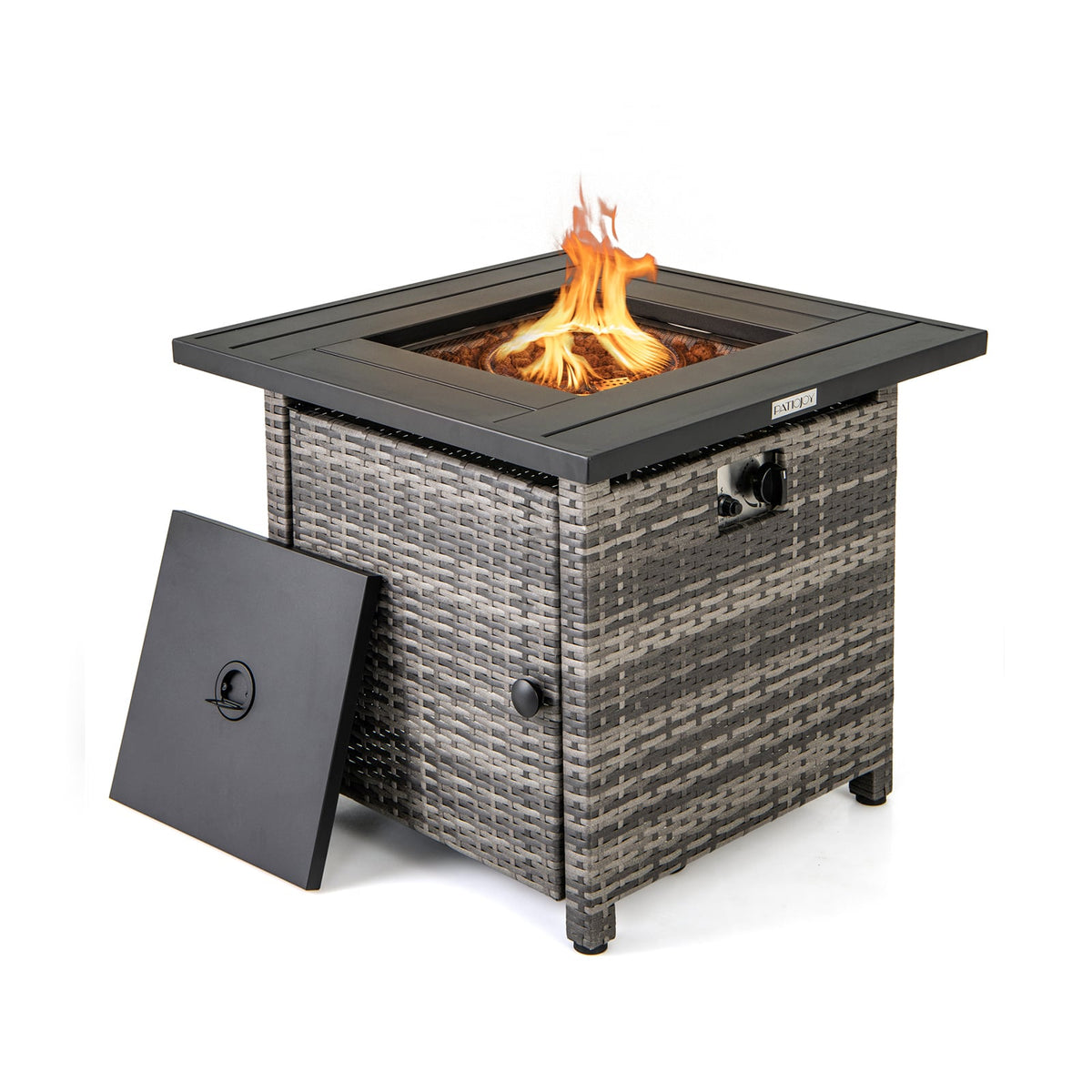 29 Inch Propane Rattan Firepit Table with Lava Rocks and Protective Cover-Gray-Fire Pit Tables-DECOROLALA