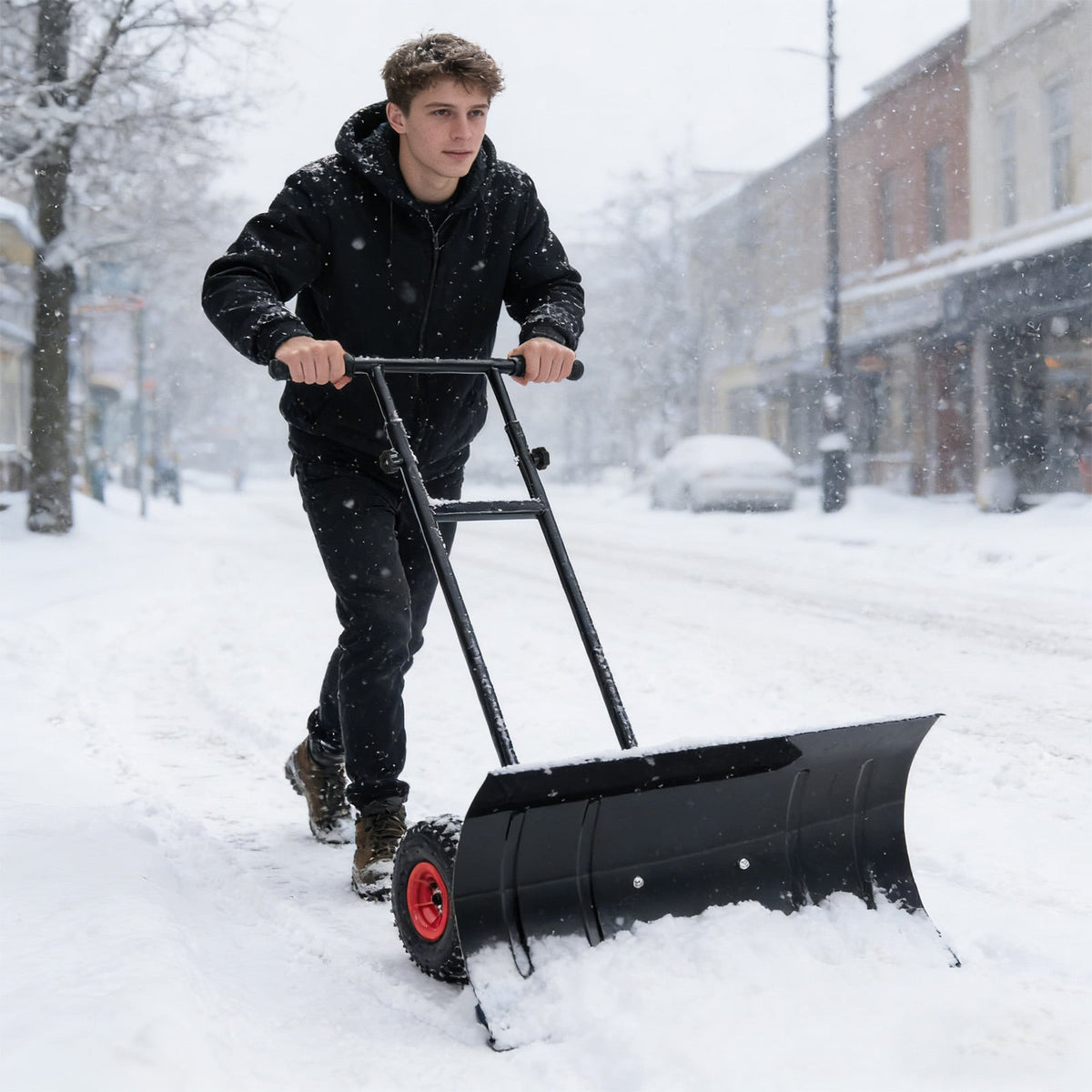 29 Inch Snow Pusher Heavy Duty Metal Shovel with Wheels and Adjustable Handle-Black-Snow Removal-DECOROLALA