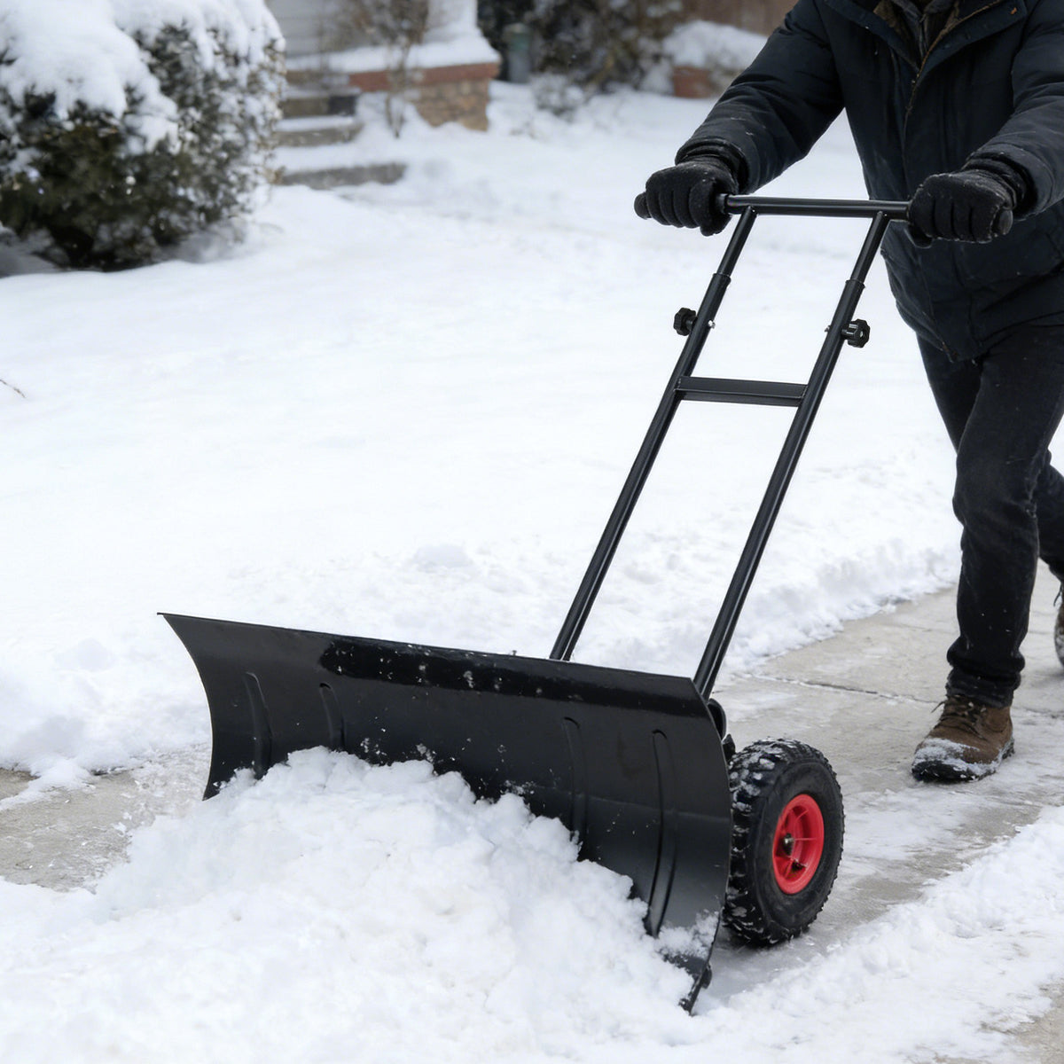 29 Inch Snow Pusher Heavy Duty Metal Shovel with Wheels and Adjustable Handle-Black-Snow Removal-DECOROLALA