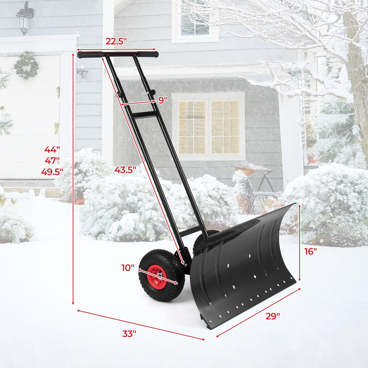 29 Inch Snow Pusher Heavy Duty Metal Shovel with Wheels and Adjustable Handle-Black-Snow Removal-DECOROLALA