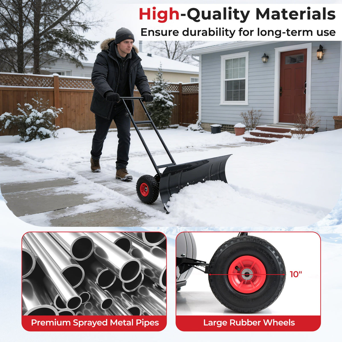 29 Inch Snow Pusher Heavy Duty Metal Shovel with Wheels and Adjustable Handle-Black-Snow Removal-DECOROLALA