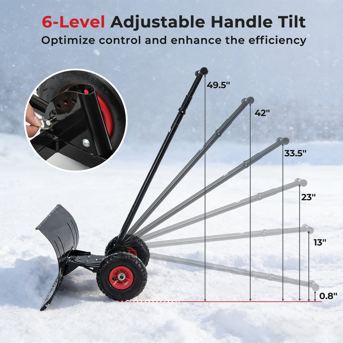 29 Inch Snow Pusher Heavy Duty Metal Shovel with Wheels and Adjustable Handle-Black-Snow Removal-DECOROLALA