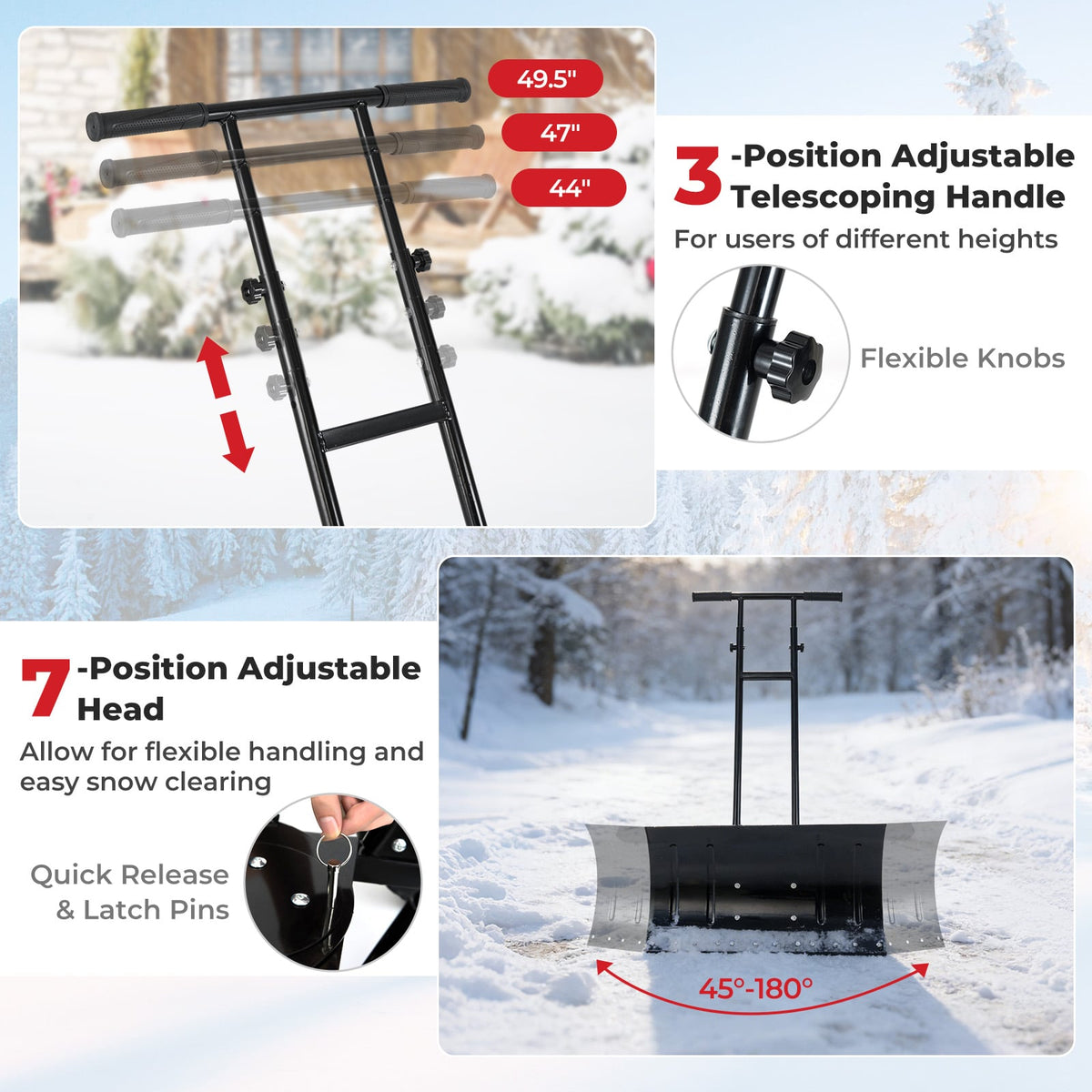 29 Inch Snow Pusher Heavy Duty Metal Shovel with Wheels and Adjustable Handle-Black-Snow Removal-DECOROLALA