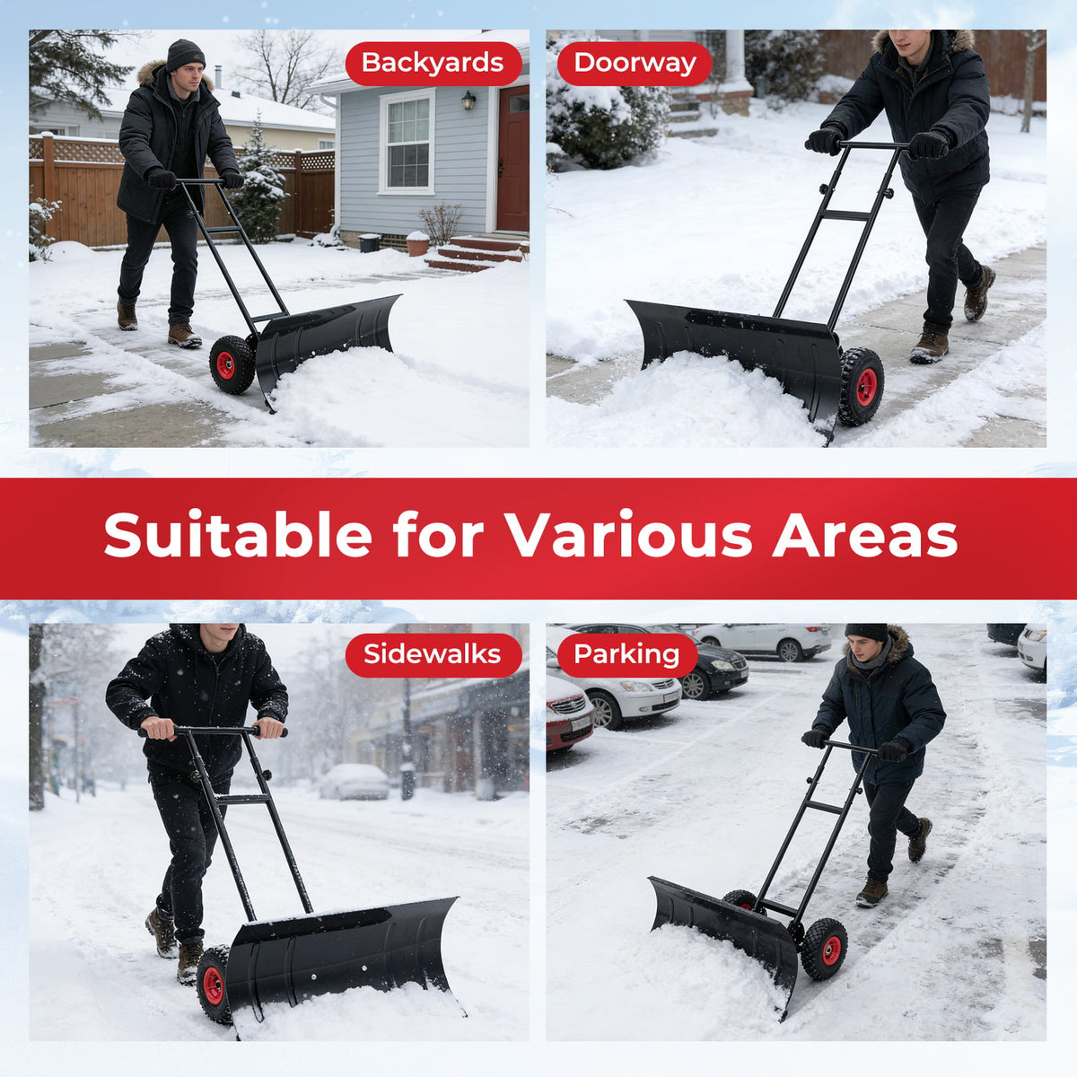 29 Inch Snow Pusher Heavy Duty Metal Shovel with Wheels and Adjustable Handle-Black-Snow Removal-DECOROLALA