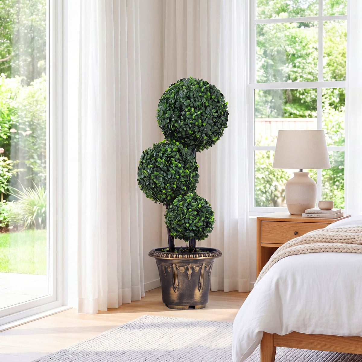29 Inches Artificial Boxwood Topiary Tree Triple Ball Shrubs-Artificial Plants-DECOROLALA