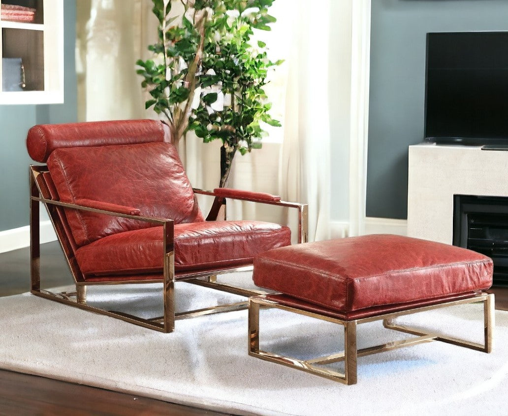 29" Red and Gold Top Grain Leather Arm Chair-Accent Chairs-DECOROLALA