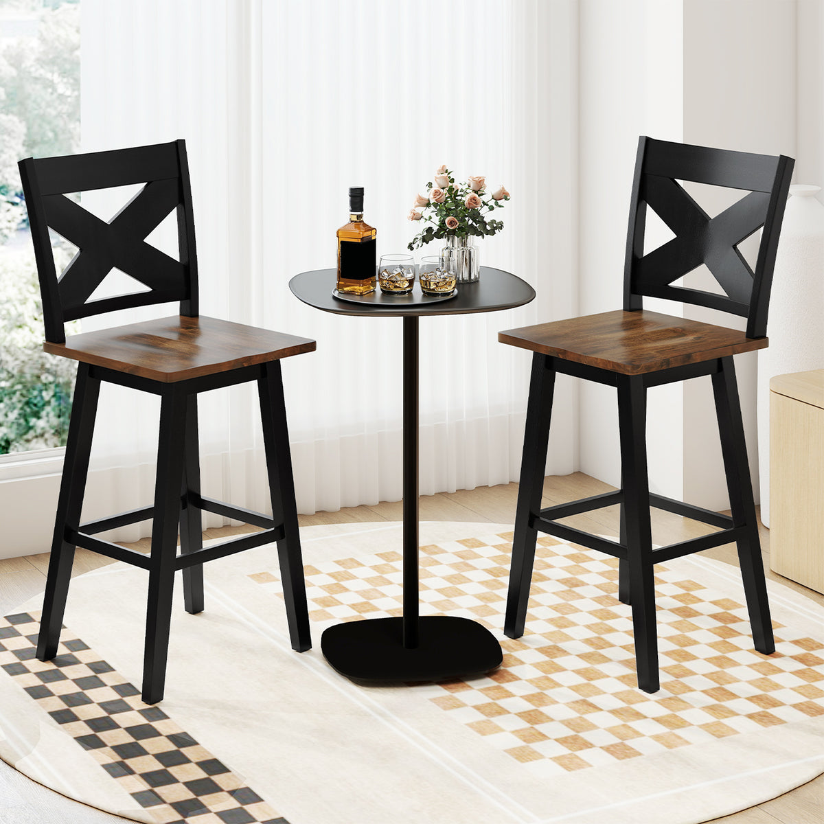 29" Rubberwood Swivel Barstools Set of 2 with Backrest and Large Seat-Black-Bar Stools-DECOROLALA