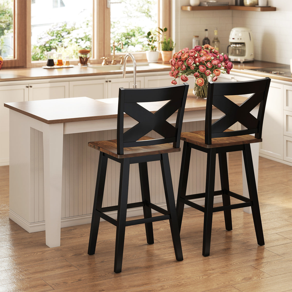 29" Rubberwood Swivel Barstools Set of 2 with Backrest and Large Seat-Black-Bar Stools-DECOROLALA