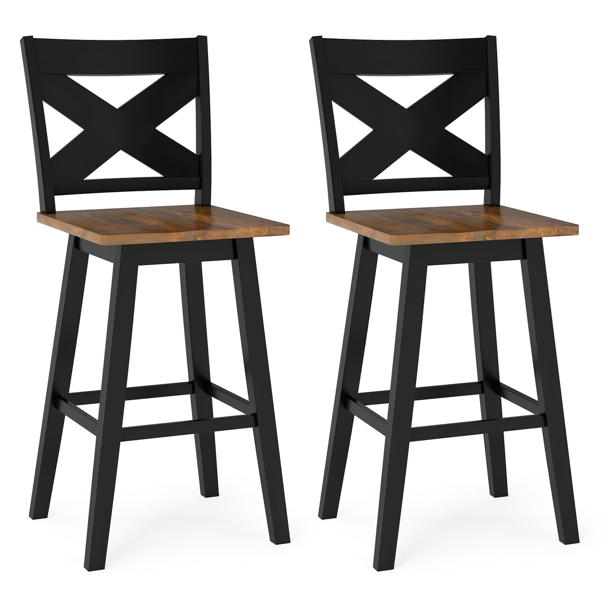 29" Rubberwood Swivel Barstools Set of 2 with Backrest and Large Seat-Black-Bar Stools-DECOROLALA