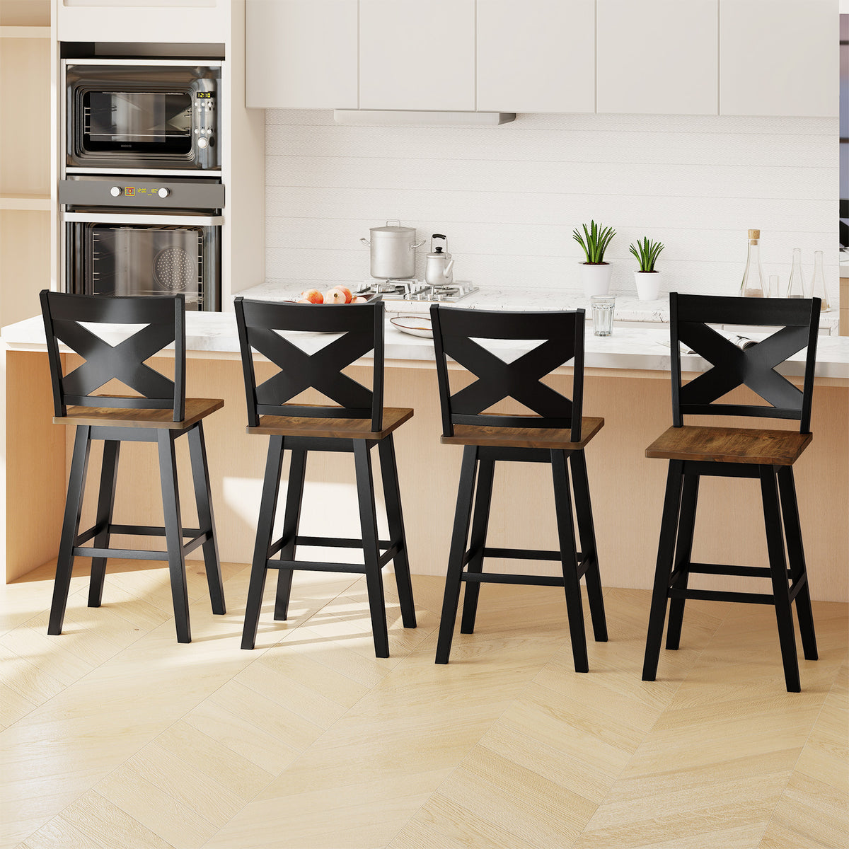 29" Rubberwood Swivel Barstools Set of 4 with Backrest and Large Seat-Black-Bar Stools-DECOROLALA