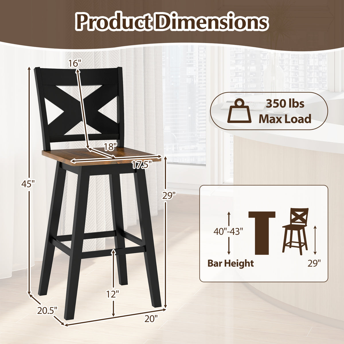29" Rubberwood Swivel Barstools Set of 4 with Backrest and Large Seat-Black-Bar Stools-DECOROLALA