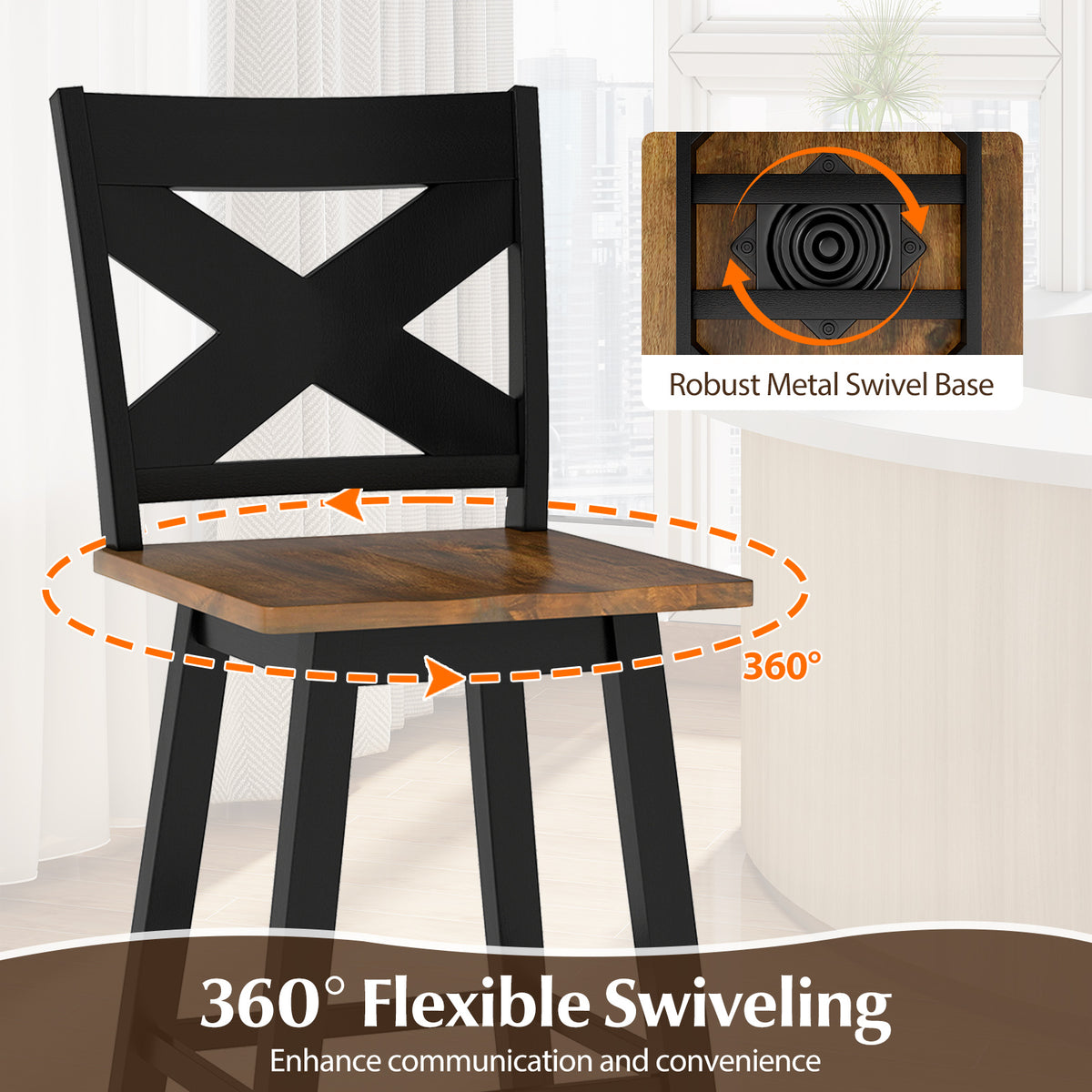29" Rubberwood Swivel Barstools Set of 4 with Backrest and Large Seat-Black-Bar Stools-DECOROLALA