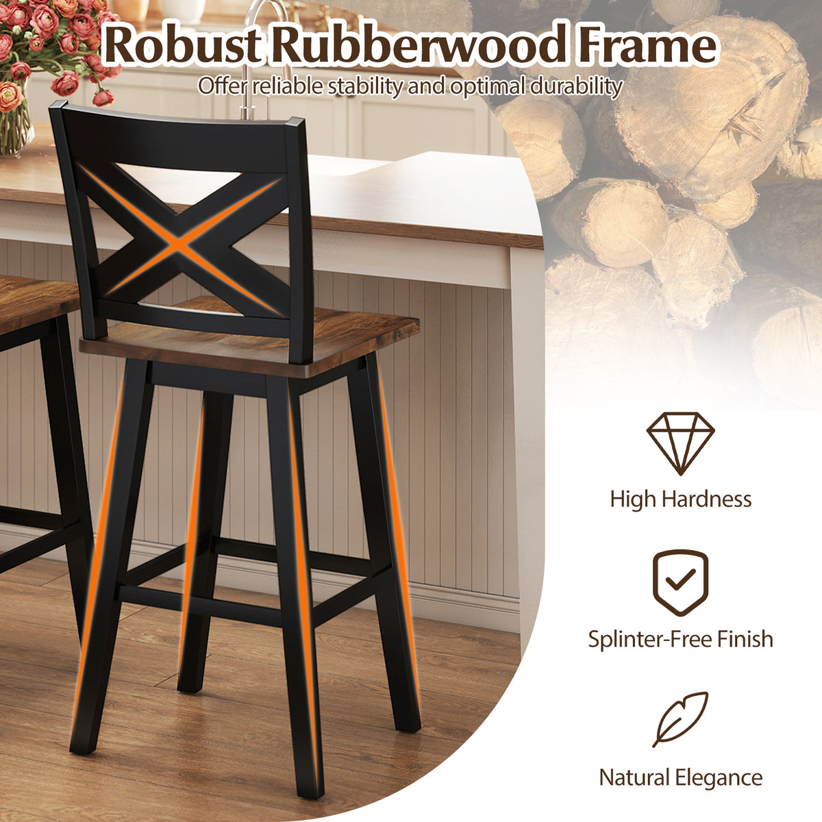 29" Rubberwood Swivel Barstools Set of 4 with Backrest and Large Seat-Black-Bar Stools-DECOROLALA
