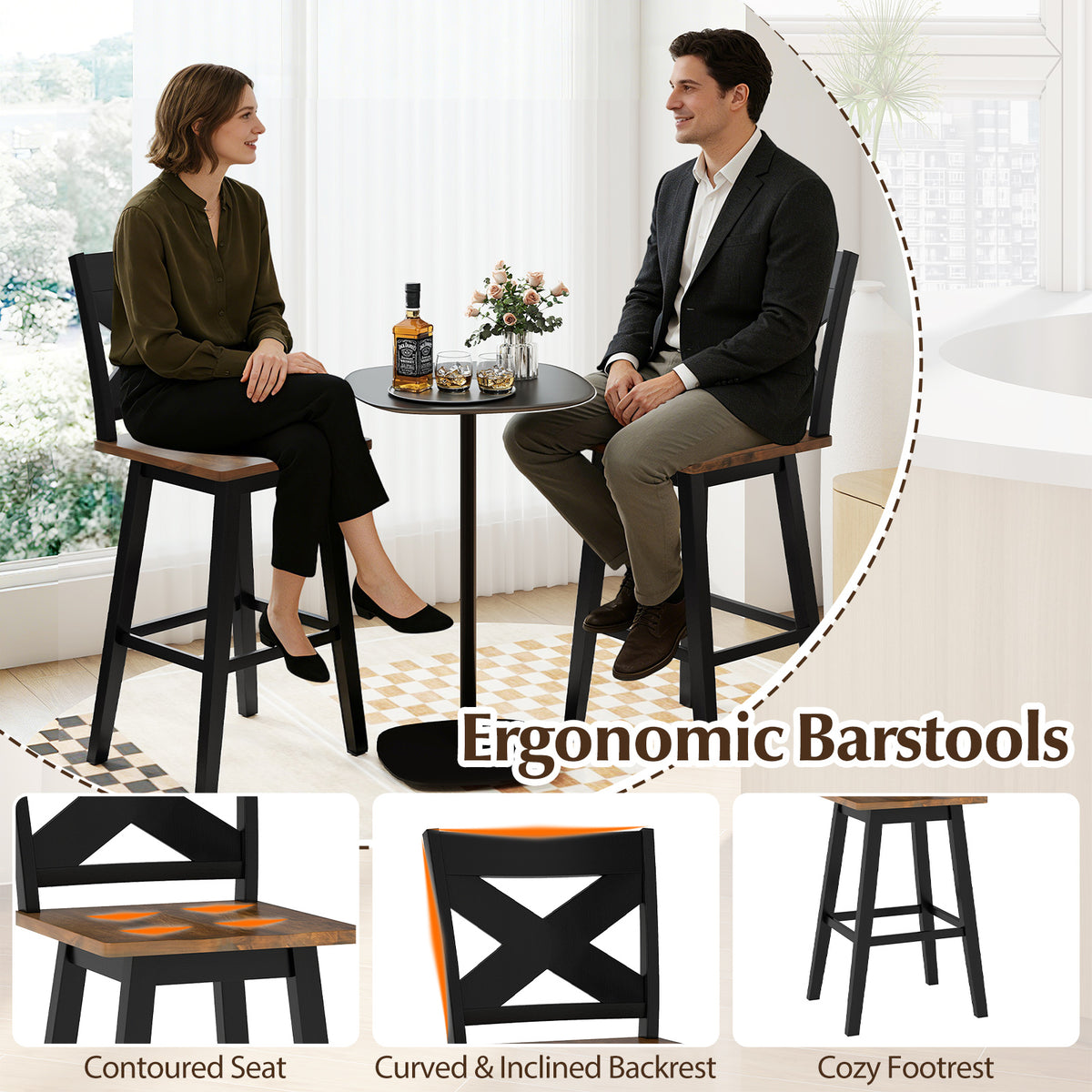29" Rubberwood Swivel Barstools Set of 4 with Backrest and Large Seat-Black-Bar Stools-DECOROLALA