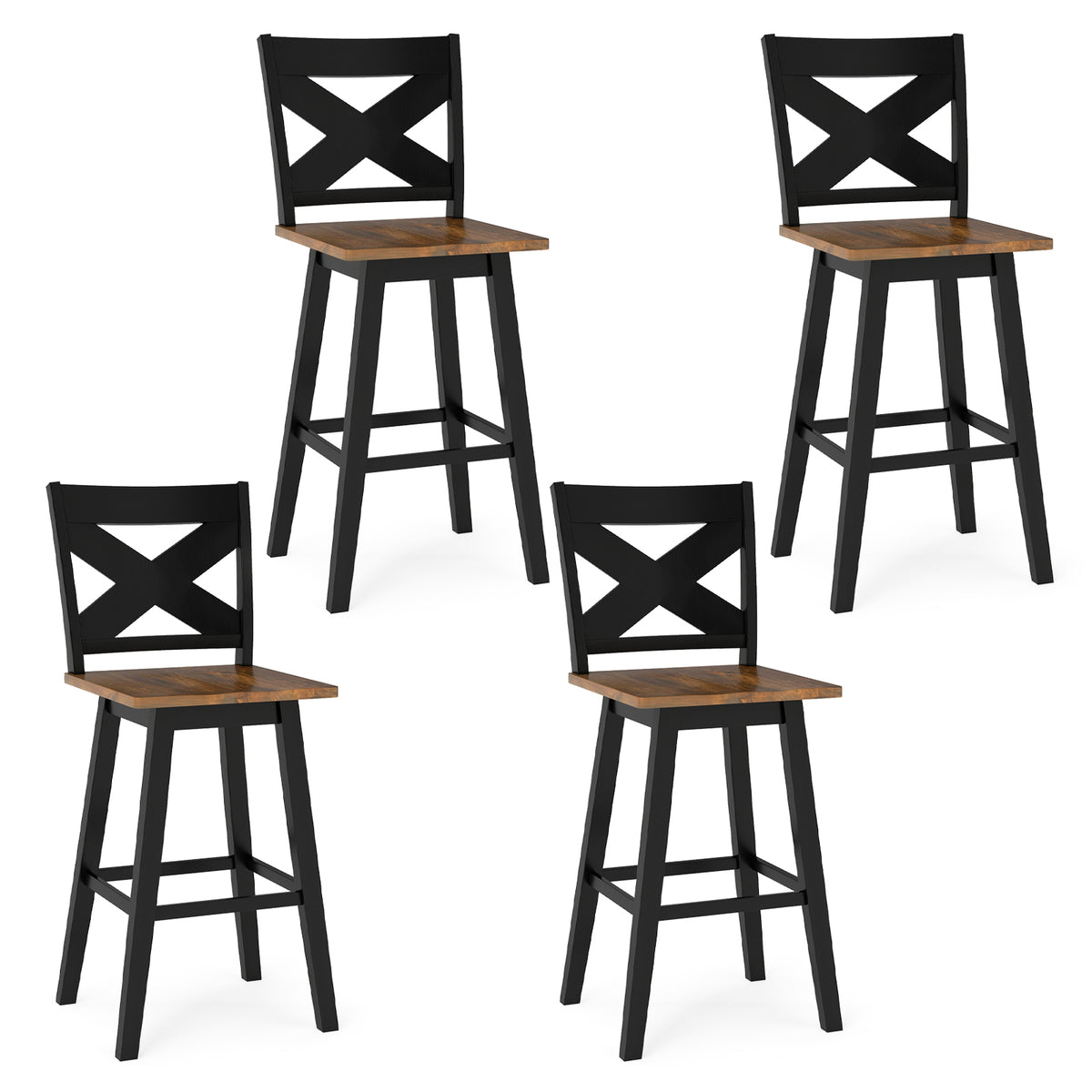 29" Rubberwood Swivel Barstools Set of 4 with Backrest and Large Seat-Black-Bar Stools-DECOROLALA