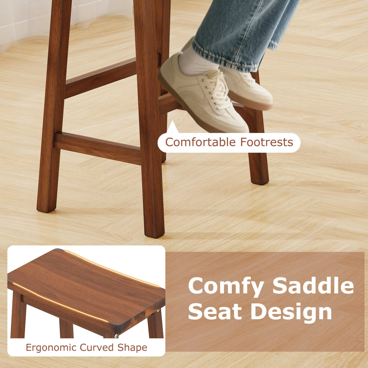 29" Set of 2 Saddle-Seat Counter Height Stools with Curved Seat and Footrests-Walnut-Bar Stools-DECOROLALA