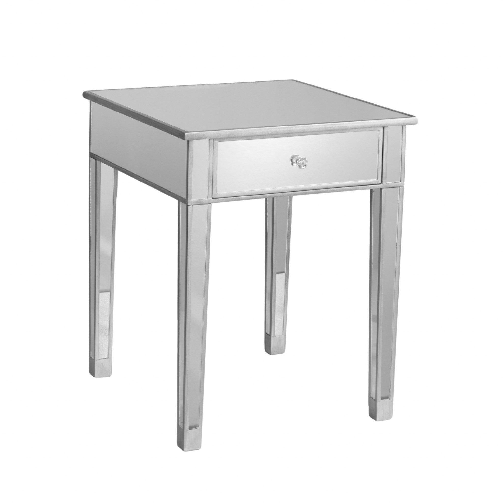 29" Silver And Reflective Glass Square End Table With Drawer-End-Side Tables-DECOROLALA