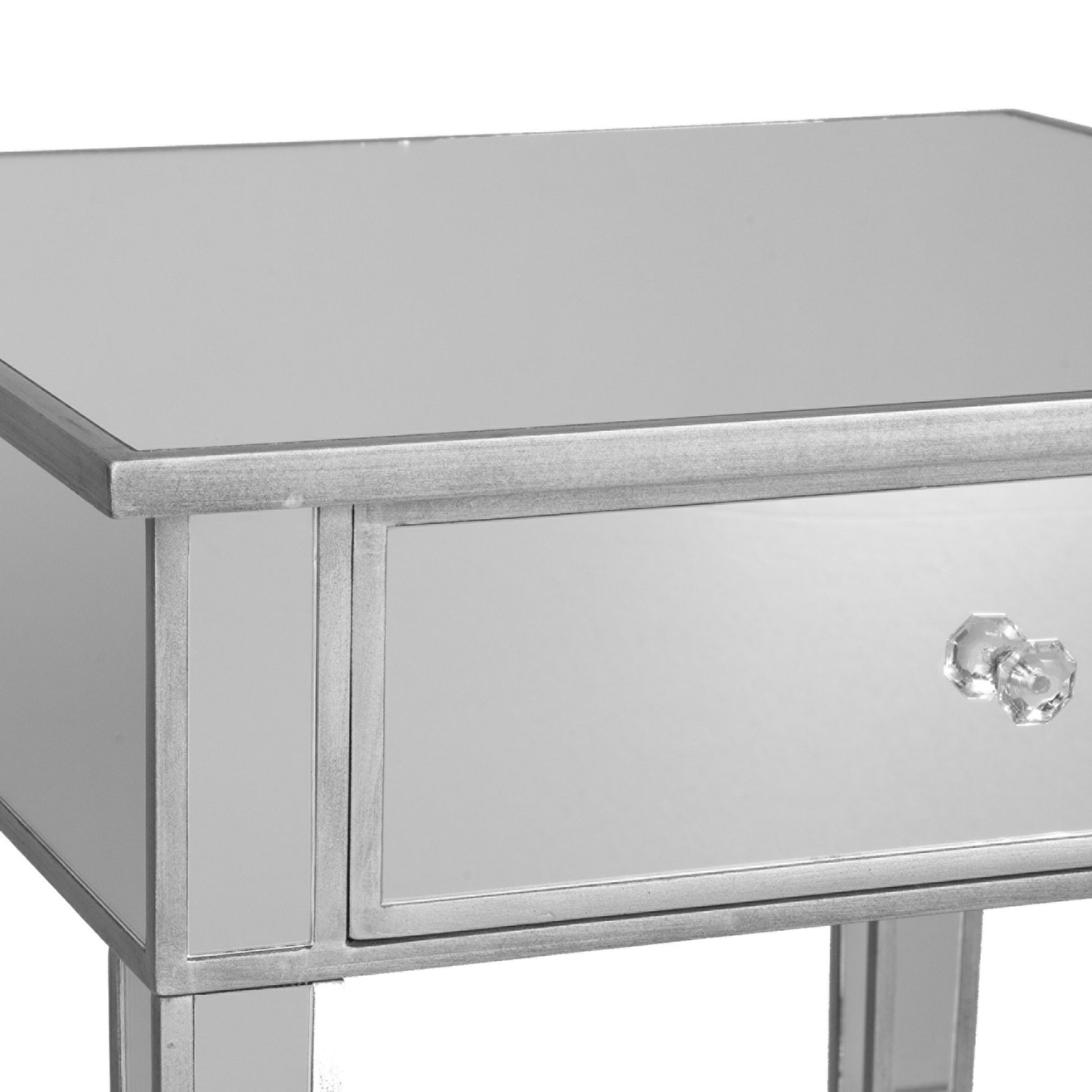 29" Silver And Reflective Glass Square End Table With Drawer-End-Side Tables-DECOROLALA