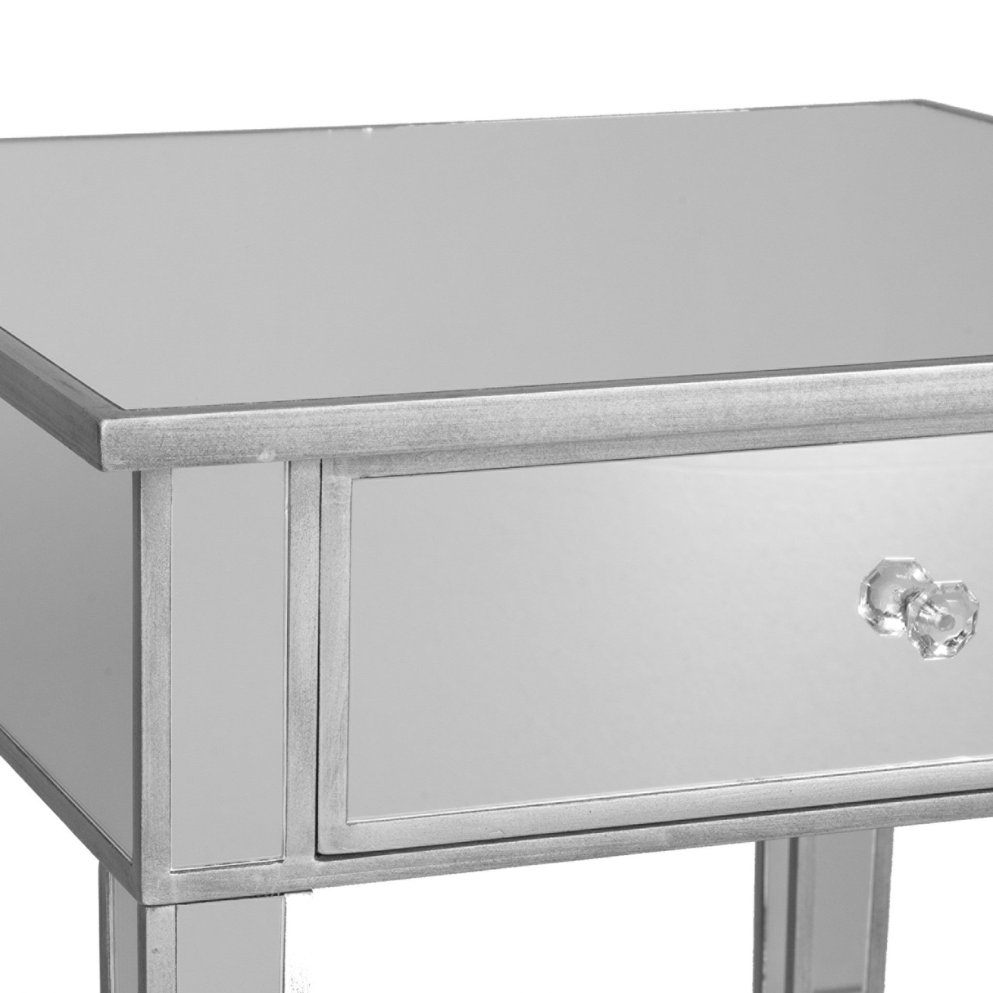 29" Silver And Reflective Glass Square End Table With Drawer-End-Side Tables-DECOROLALA