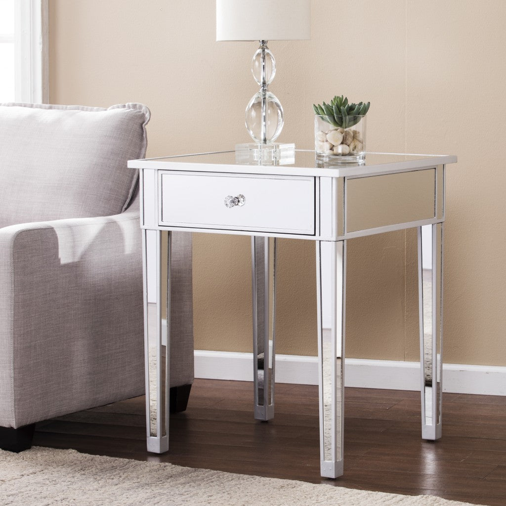 29" Silver And Reflective Glass Square End Table With Drawer-End-Side Tables-DECOROLALA
